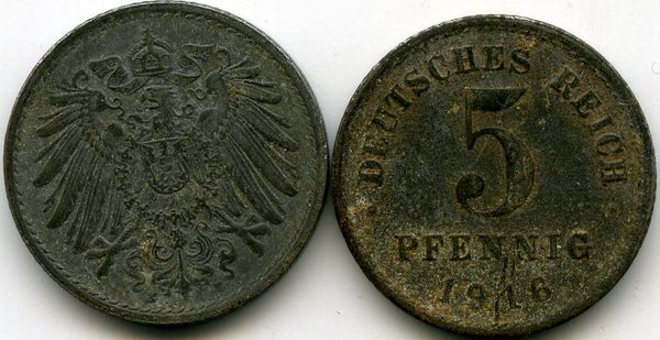Монета 5 пфенингов 1916г А Германия