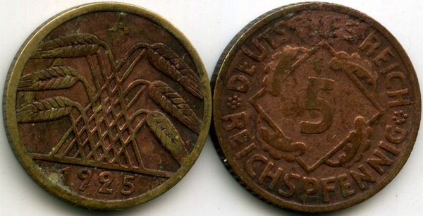 Монета 5 рейхспфенингов 1925г А Германия