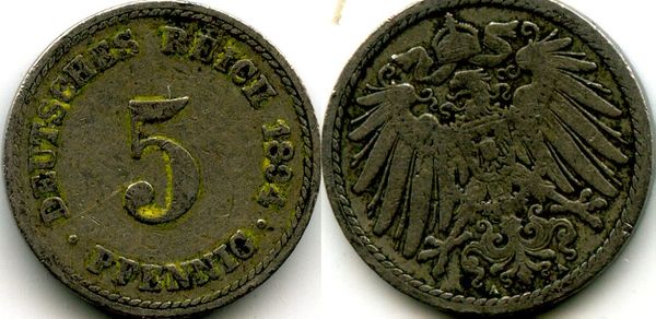 Монета 5 пфенингов 1894г А Германия