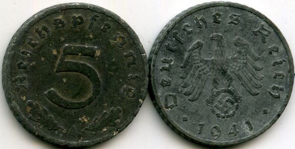 Монета 5 рейхспфенингов 1941г А Германия