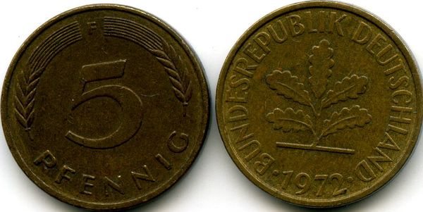Монета 5 пфенинг 1972г F Германия