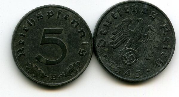 Монета 5 рейхспфенингов 1943г Е Германия