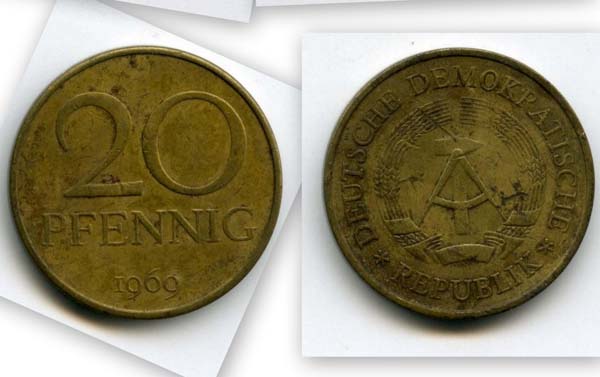 Монета 20 пфенингов 1969г бу Германия