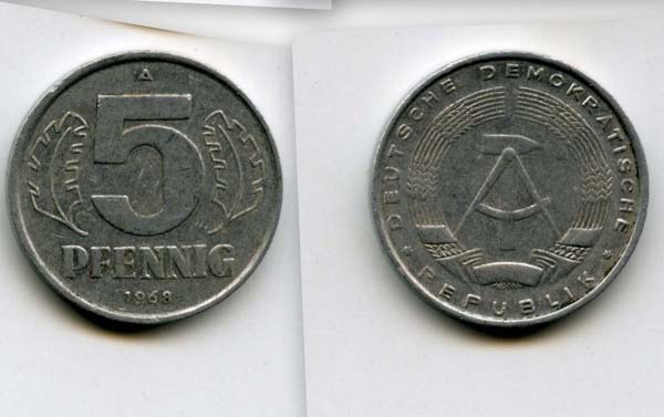 Монета 5 пфенингов 1968г А Германия