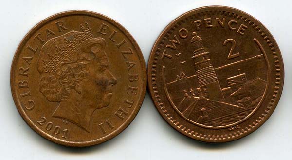 Монета 2 пенса 2001г АВ Великобритания (Гибралтар)
