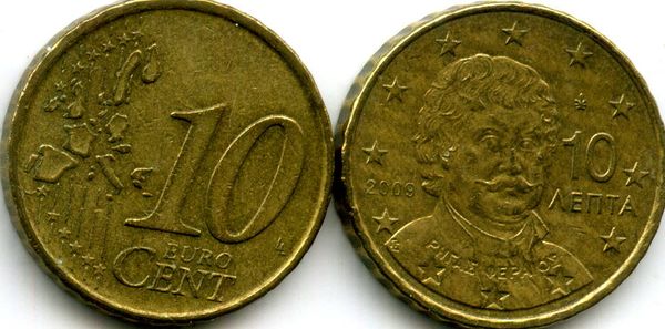Монета 10 евроцентов 2009г Греция