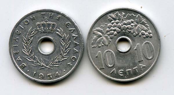 Монета 10 лепта 1954г Греция