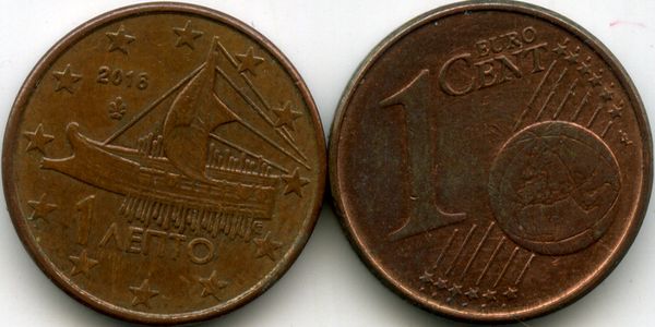 Монета 1 евроцент 2016г Греция