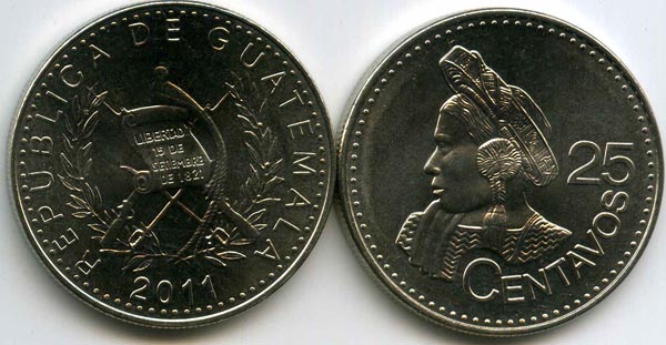 Монета 25 сентавос 2011г Гватемала