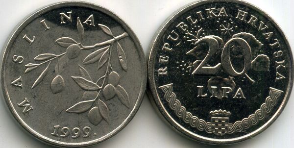 Монета 20 липа 1999г хор Хорватия