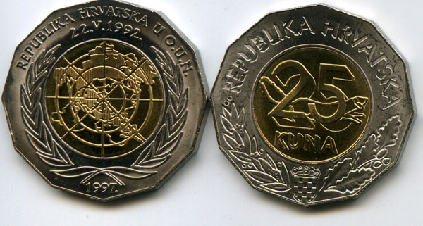 Монета 25 куна 1997г вступление в ООН Хорватия