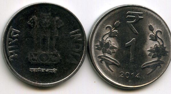 Монета 1 рупия 2014г круг Индия