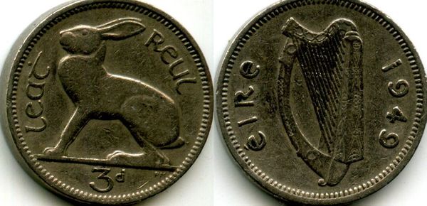 Монета 3 пенса 1949г Ирландия