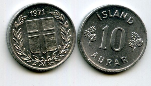 Монета 10 аурар 1971г Исландия