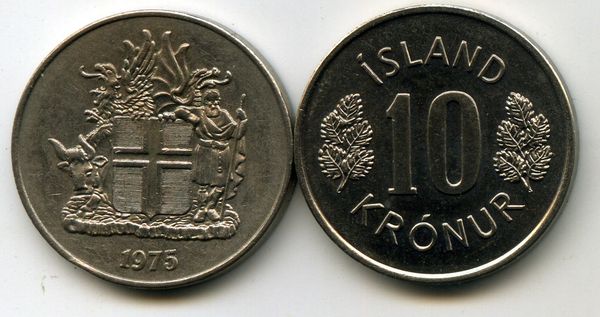 Монета 10 крон 1975г Исландия