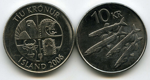 Монета 10 крон 2006г Исландия