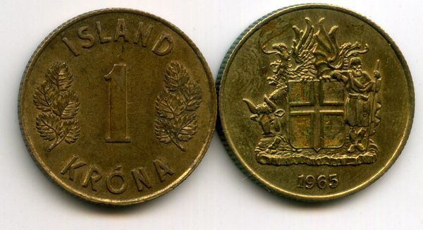 Монета 1 крона 1965г Исландия