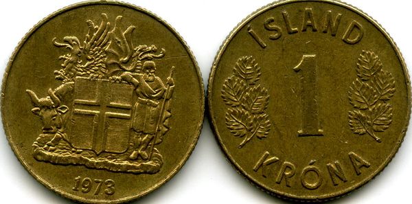 Монета 1 крона 1973г Исландия