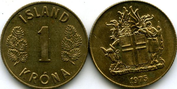 Монета 1 крона 1975г Исландия