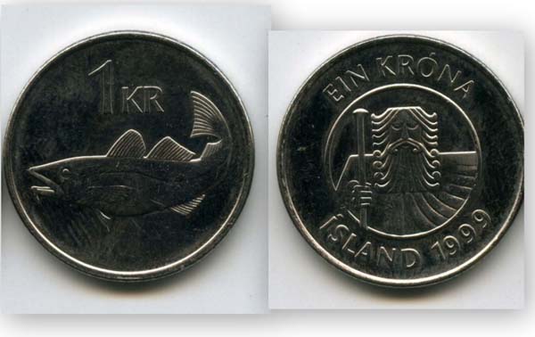 Монета 1 крона 1999г Исландия