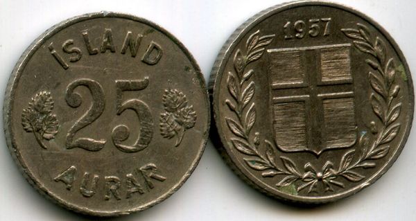 Монета 25 аурар 1957г Исландия