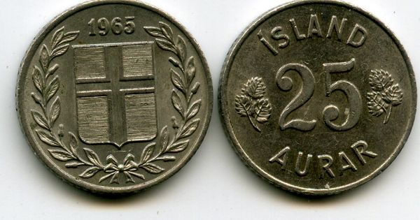 Монета 25 аурар 1965г Исландия
