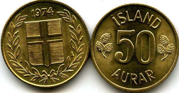 Монета 50 аурар 1974г Исландия