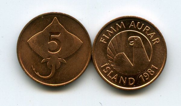 Монета 5 аурар 1981г ац Исландия