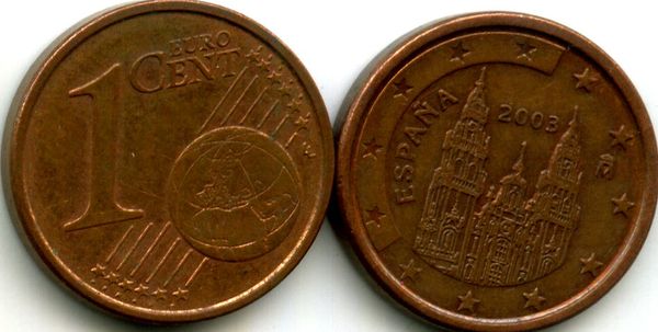 Монета 1 евроцент 2003г Испания