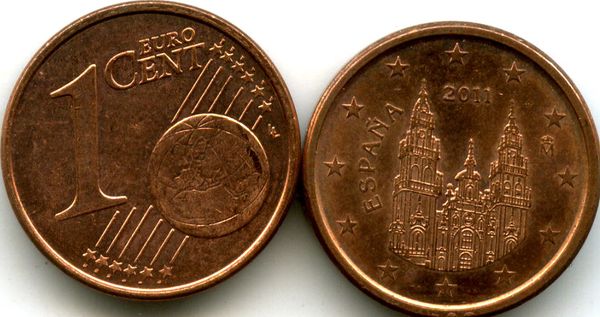 Монета 1 евроцент 2011г Испания