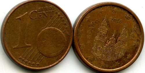 Монета 1 евроцент 2016г Испания