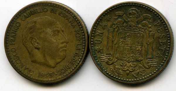 Монета 1 песета 1953г Испания