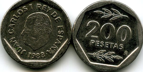 Монета 200 песет 1988г Испания