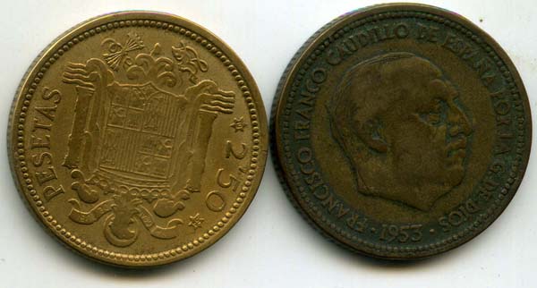 Монета 2,5 песет 1954г Испания