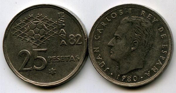 Монета 25 песет 1982г футбол Испания