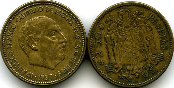 Монета 2,5 песет 1956г Испания