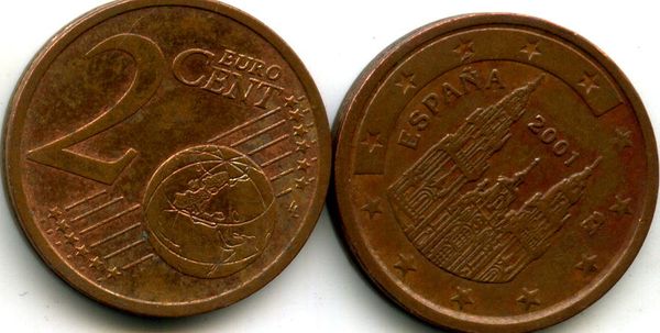 Монета 2 евроцента 2001г Испания