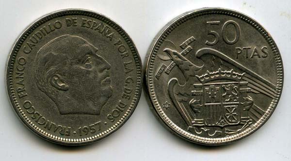 Монета 50 песет 1958г Испания