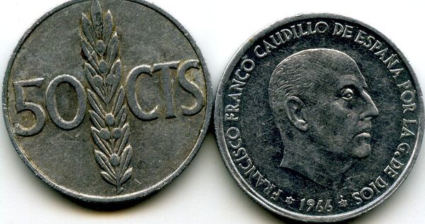 Монета 50 сентимос 1973г Испания