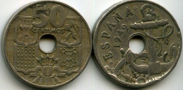 Монета 50 сентимос 1953г Испания