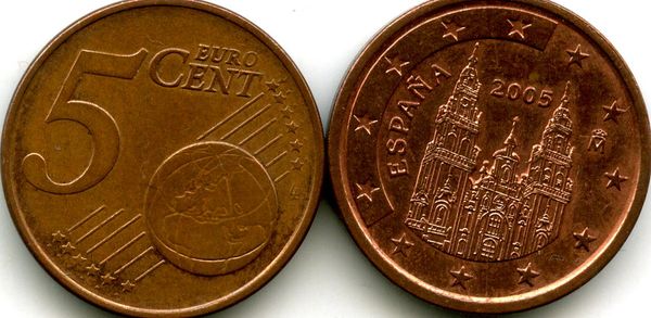 Монета 5 евроцент 2005г Испания