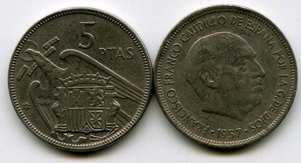 Монета 5 песет 1965г Испания