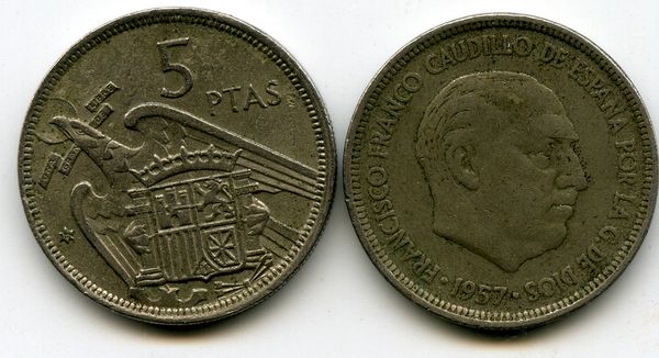 Монета 5 песет 1970г Испания
