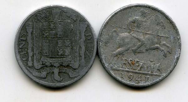 Монета 10 сентимос 1941г Испания