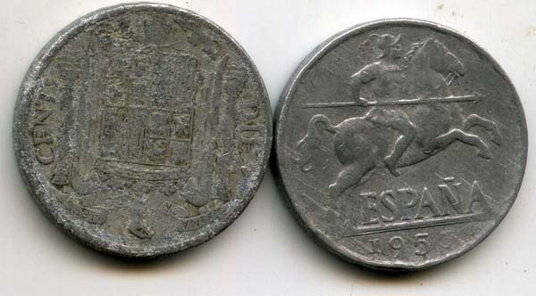 Монета 10 сентимос 1953г Испания