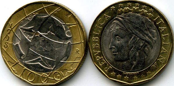 Монета 1000 лир 1998г Италия