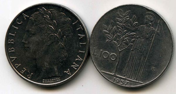 Монета 100 лир 1957г Италия
