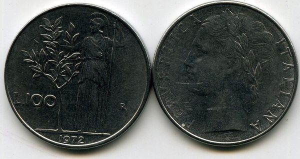 Монета 100 лир 1972г Италия