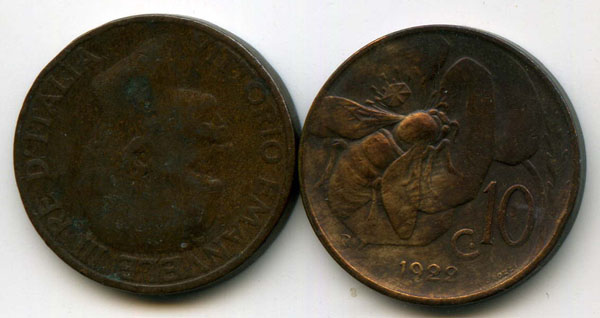 Монета 10 чентезимо 1922г Италия