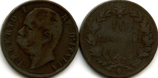 Монета 10 чентезимо 1893г BI Италия